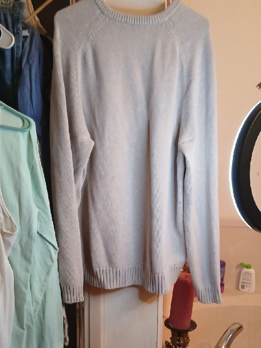 J. Crew Light Beige Crewneck Sweater with Navy Triple‎ Stripes,mens SzXL